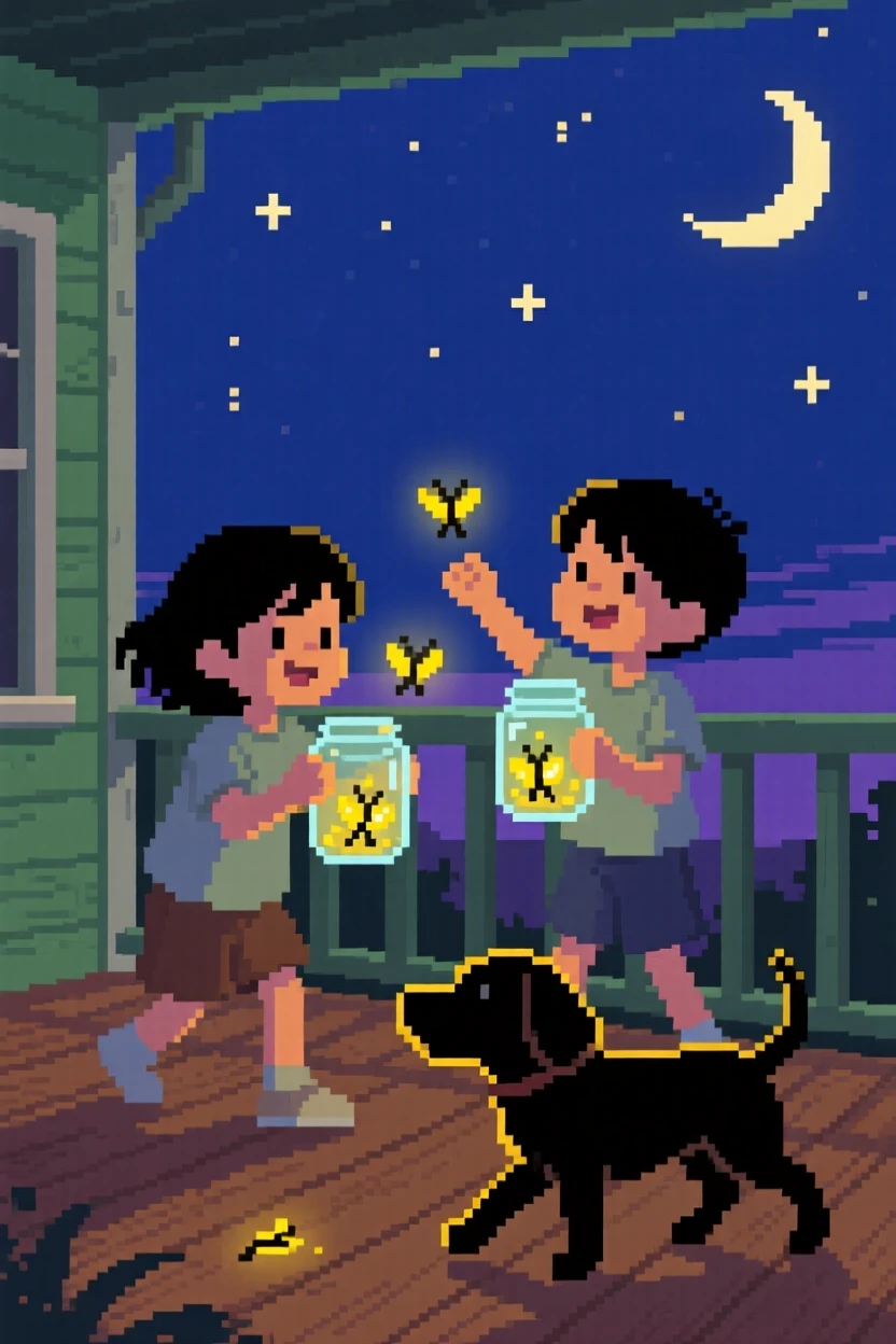 Kids catching fireflies in jars with an old dog trotting along beside them, on a porch during a warm summer night.