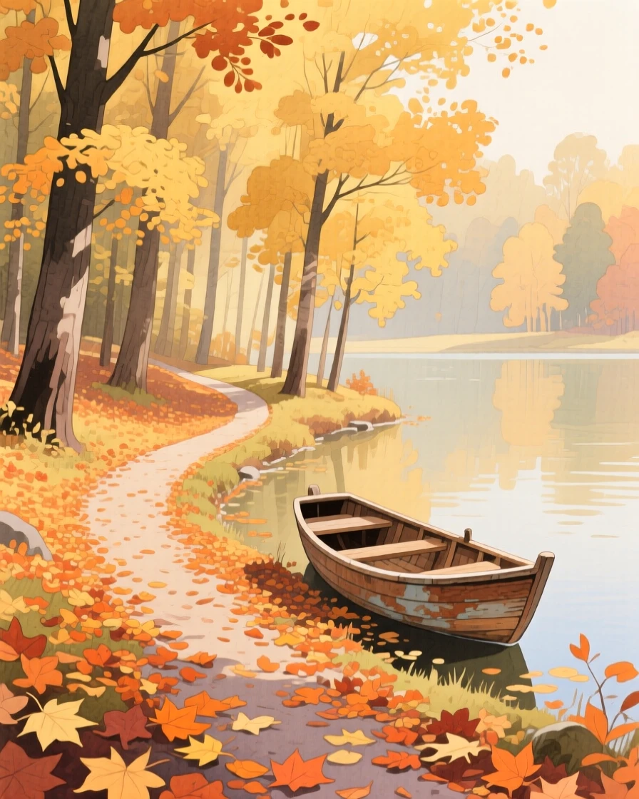 A golden autumn forest with a winding path of fallen leaves, with a lone wooden boat resting on the shore, filled with quiet majesty and stillness.