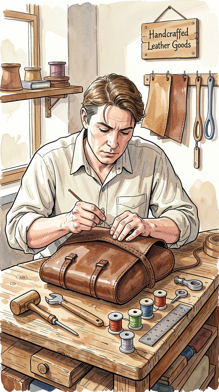 A leatherworker stitching a handmade satchel at a rustic workbench, the setting filled with the tools and textures of the craft.