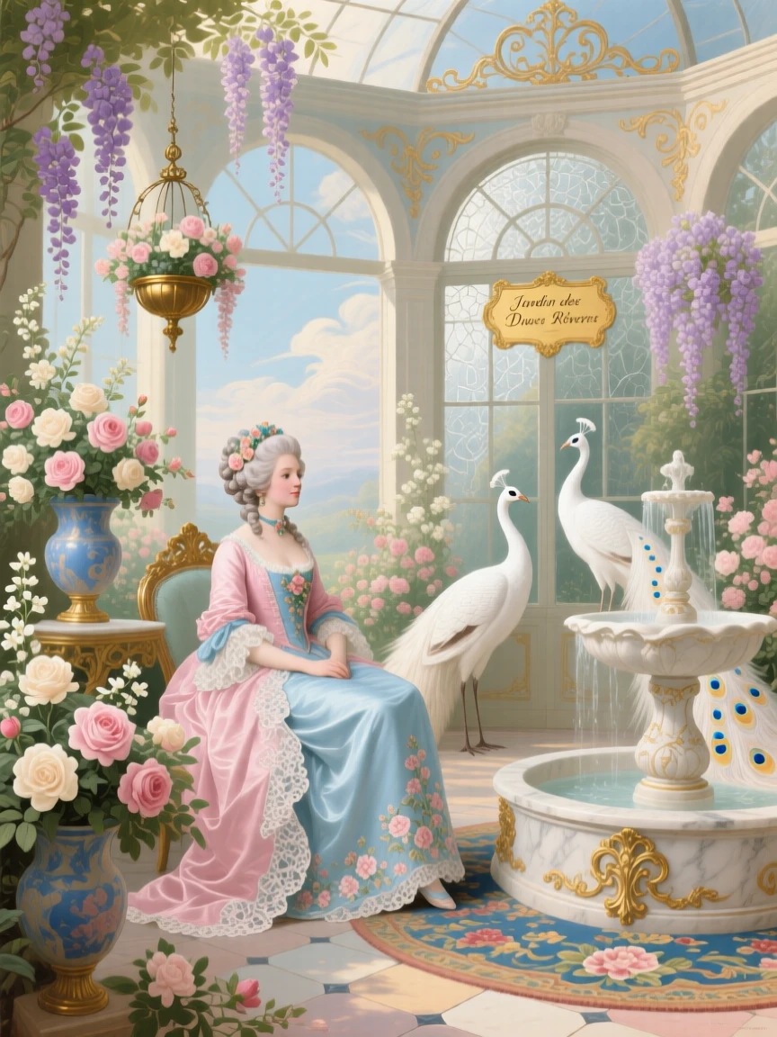 A noblewoman in a flower-filled conservatory with white peacocks  