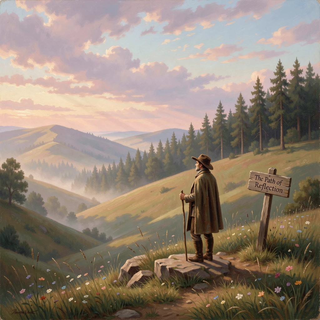 Rolling hills dusted with morning mist, with a solitary traveler pausing to take in the view.