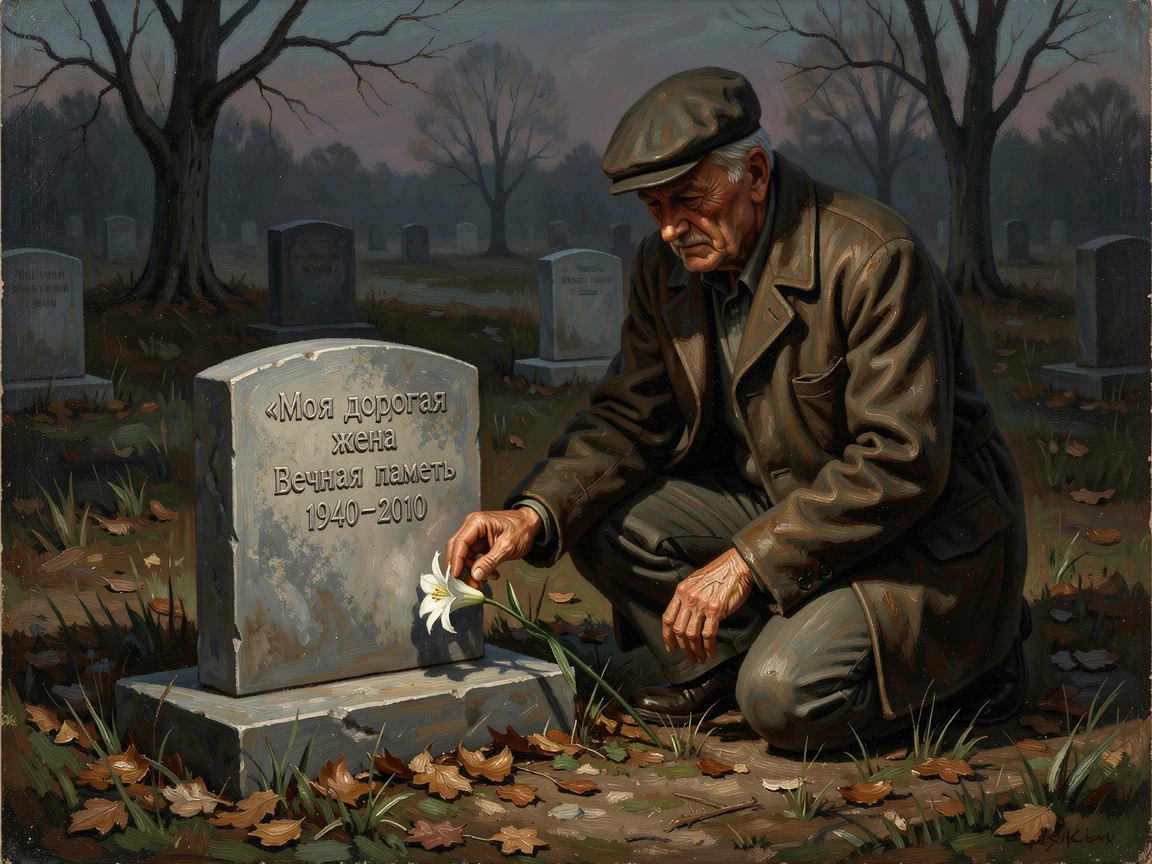 An elderly man visiting his wife's grave, laying down a single flower, as a single meaningful gesture captures the heart of the moment, radiating hope, gratitude, and heartfelt connection