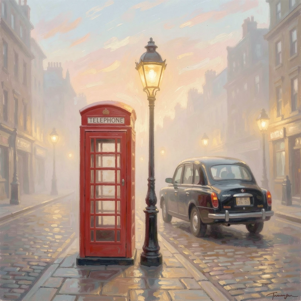 A misty London street at dusk, gas lamps glowing beside a red telephone booth and black cab, at golden sunrise.