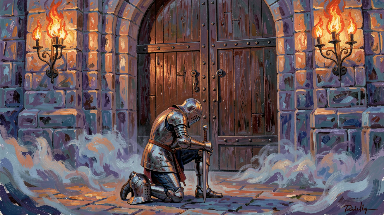 A medieval knight kneeling before a castle gate as torches flicker in the evening mist.