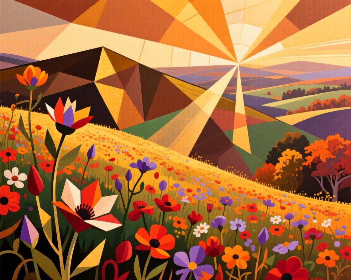 A sweeping wide view of a blooming wildflower hillside as golden hour bathes everything in warm light, during vibrant autumn.