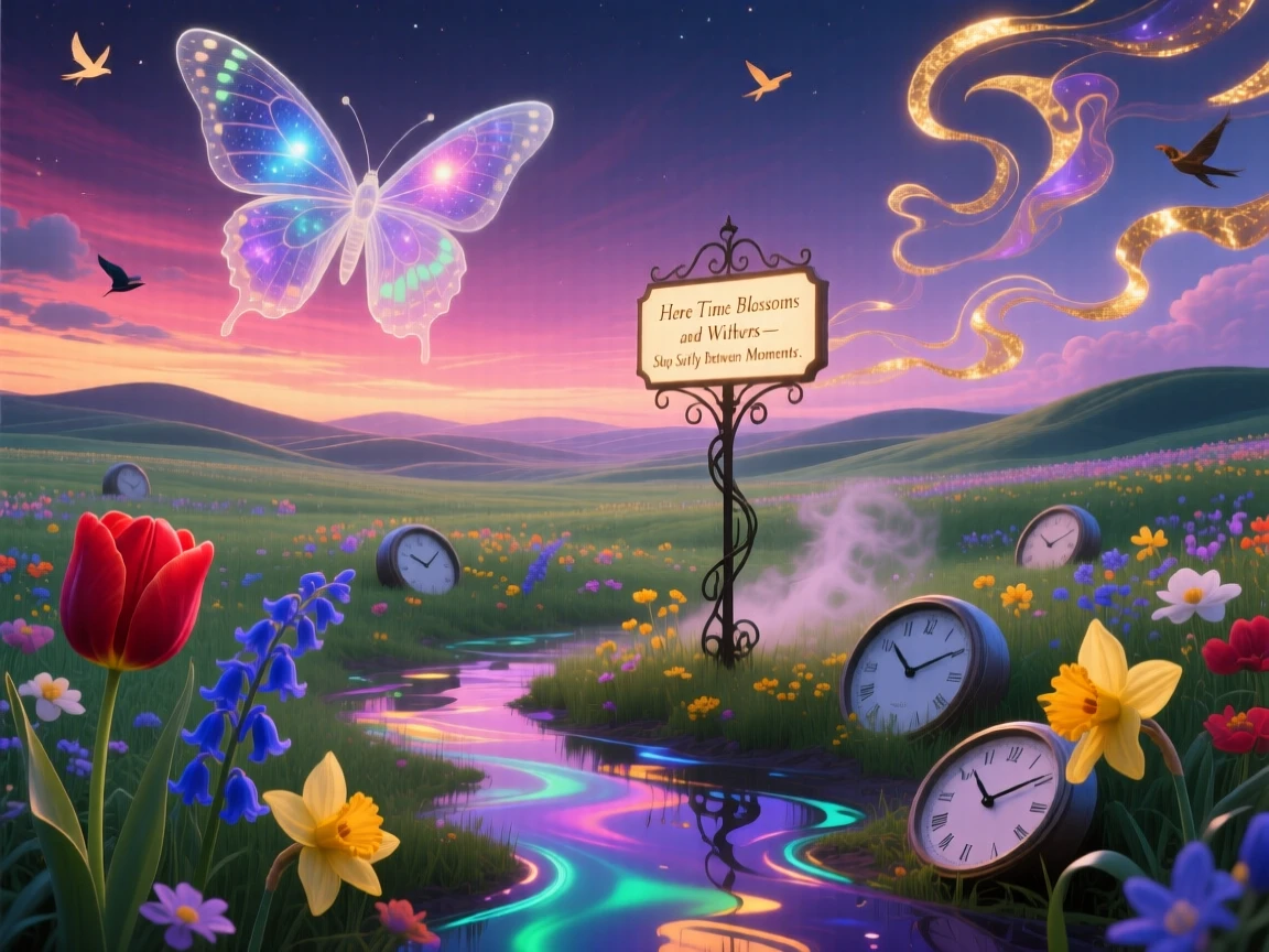 A spring meadow where flowers bloom and wilt within seconds moves slowly across a horizon streaked with fading light, while the ground below begins to shimmer with quiet color.