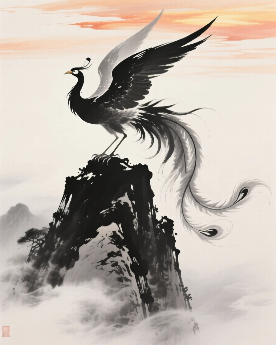 A phoenix circles above a sacred mountain peak wreathed in mist, beneath a sky streaked with brilliant color.