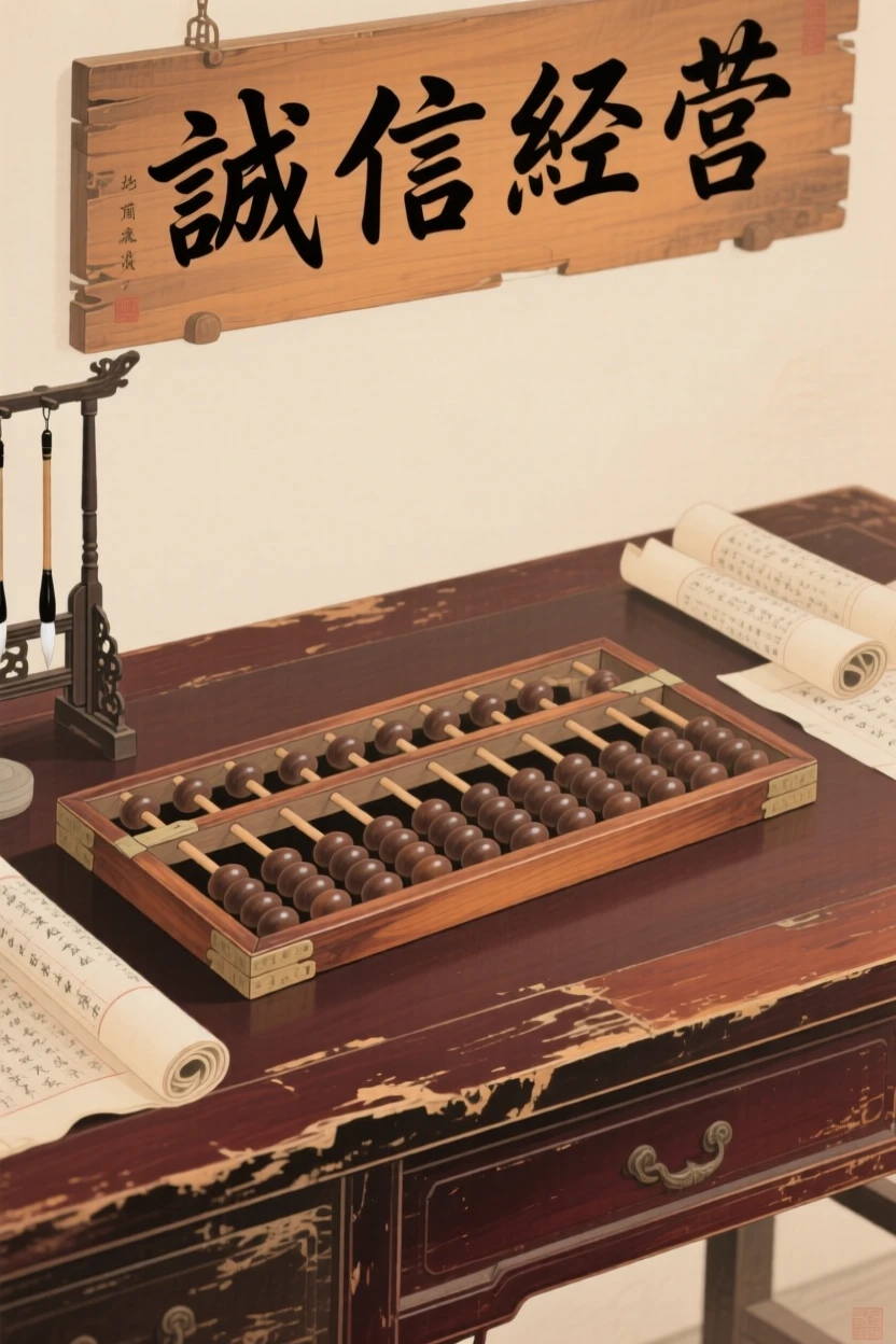 A wooden abacus resting on an old merchant's desk