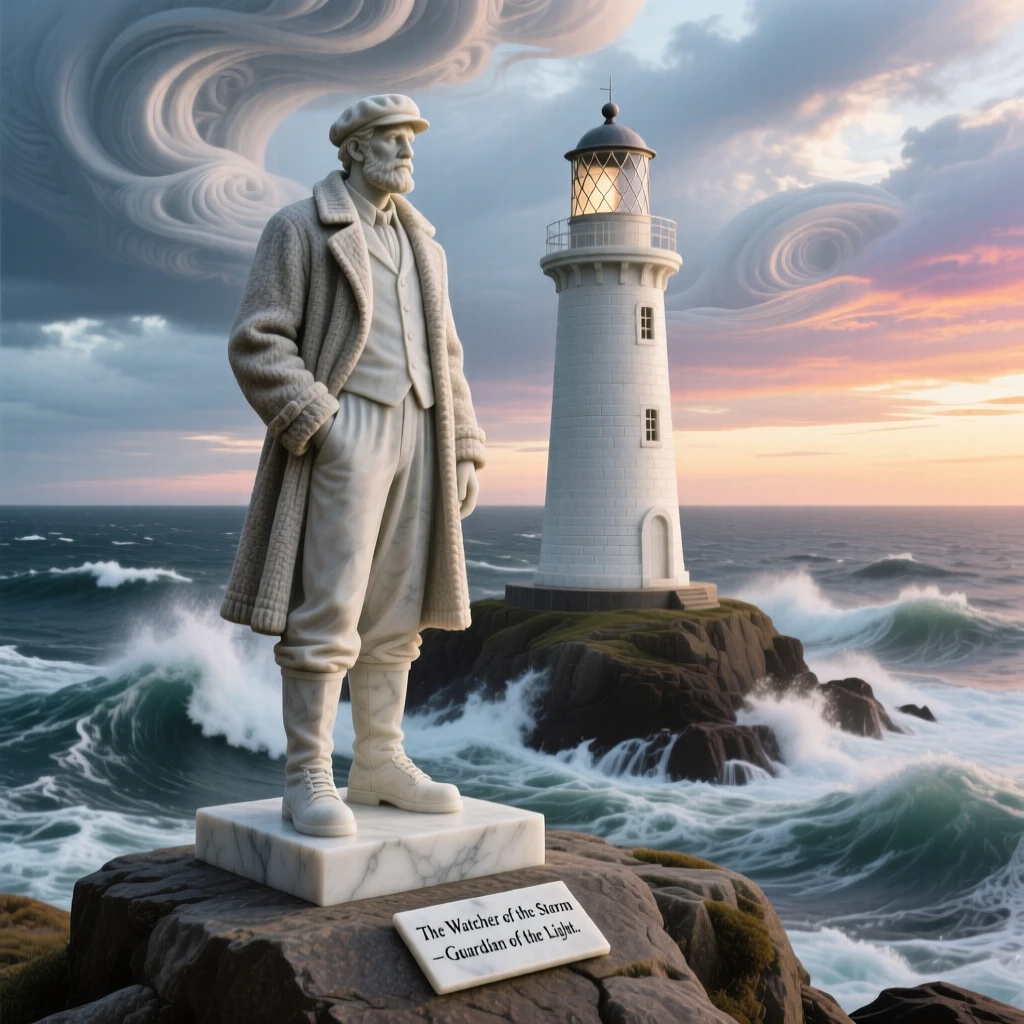 An evocative depiction of a lighthouse keeper watching over a stormy sea, under a brilliant, colorful sky, balancing detail with emotional depth