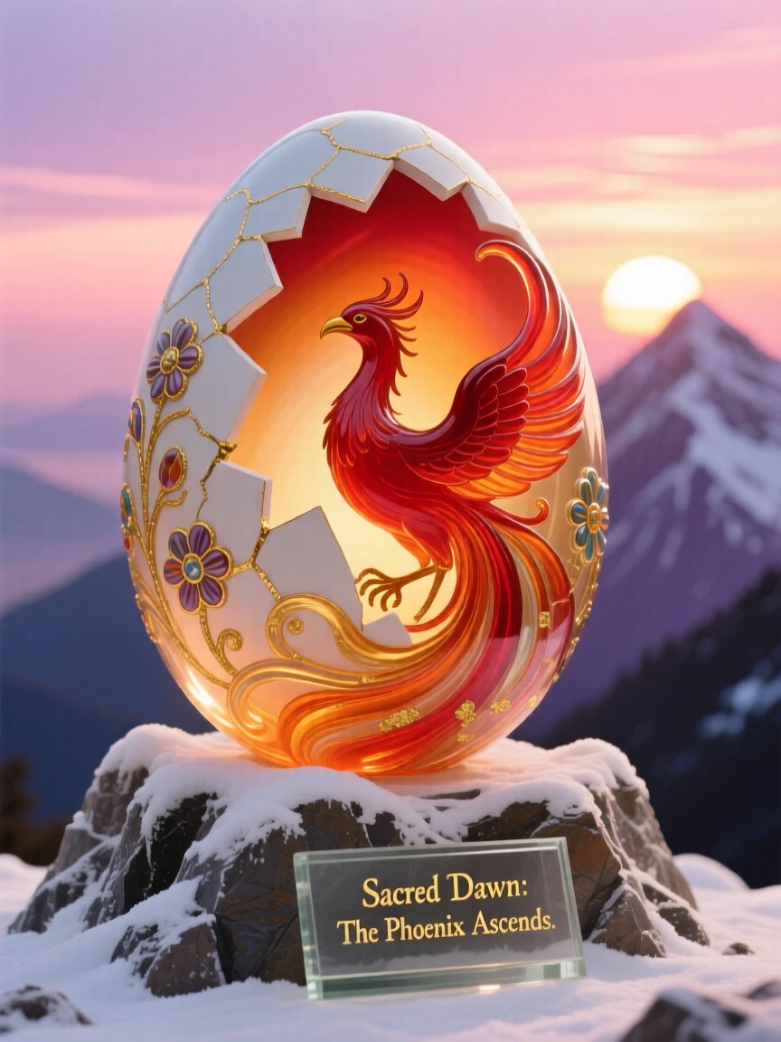 A grand phoenix egg cracking open atop a mountain altar at sunrise, transformative and sacred.