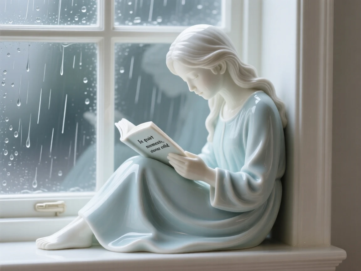 An everyday moment of quiet beauty: a reader curled up by a rainy window, radiating simple, honest beauty.