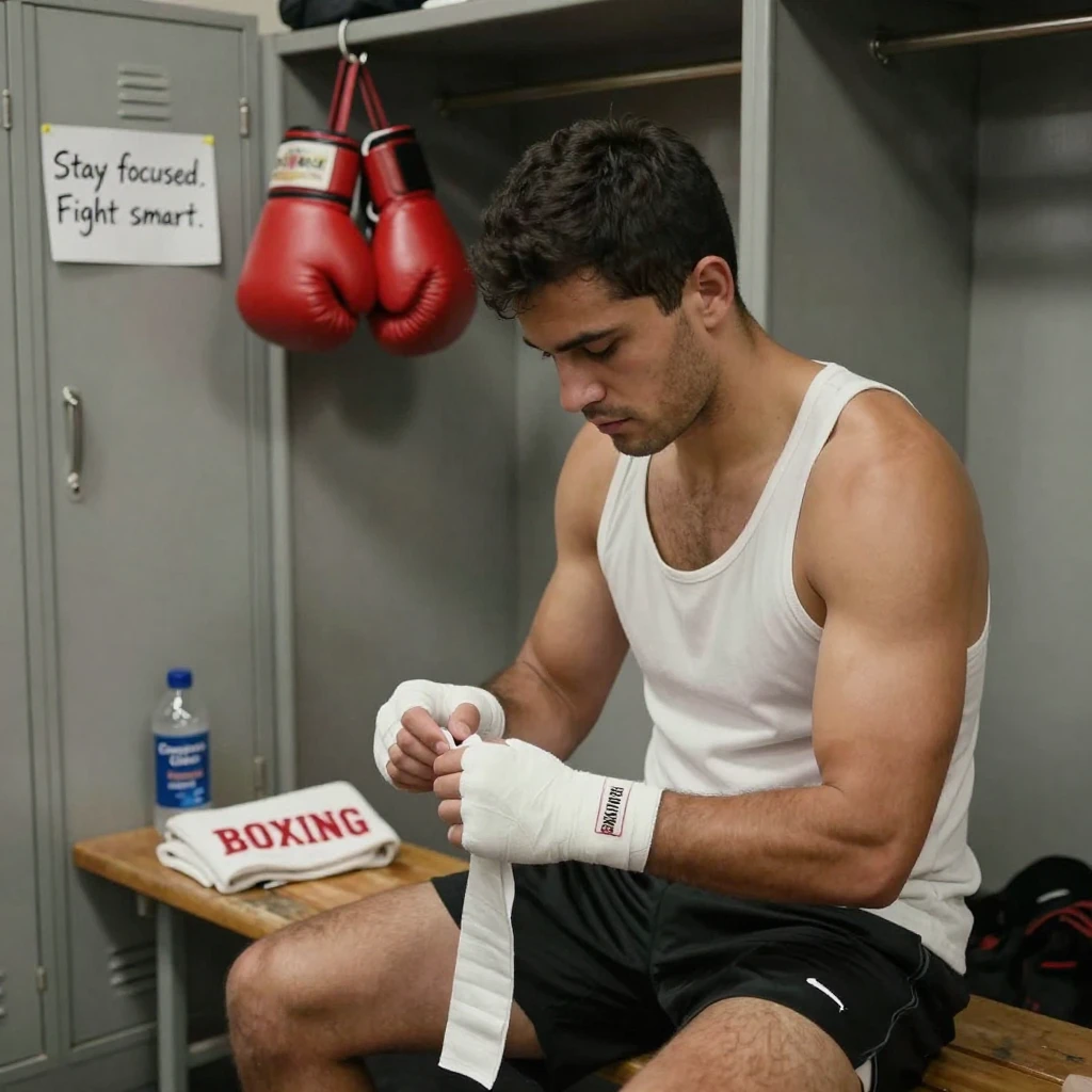A boxer wraps his hands in a quiet locker room before stepping into the ring.