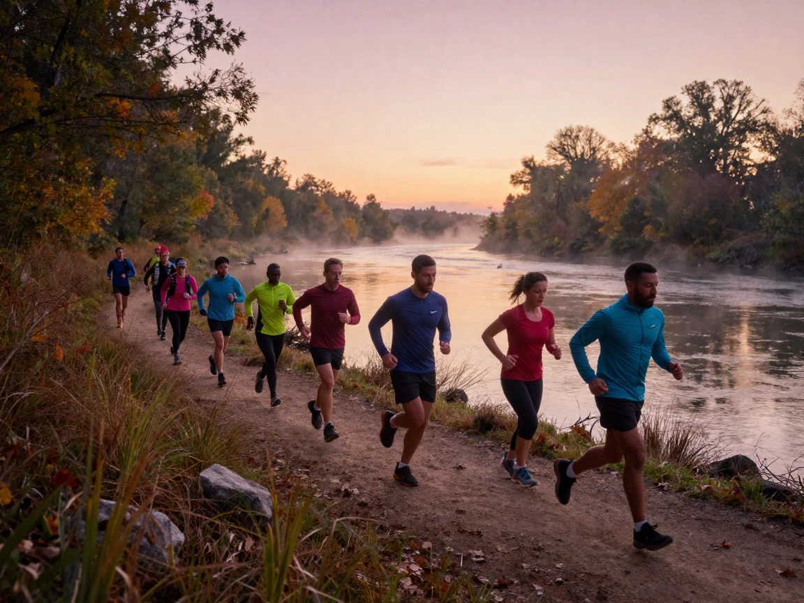 A group of trail runners training at dawn before the world wakes along the banks of a wide river