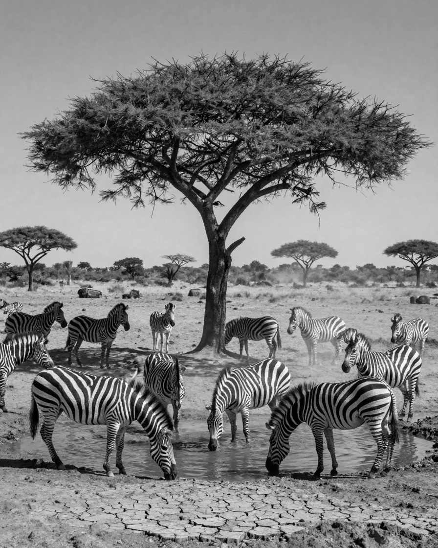 A herd of zebras gathers at a dusty watering hole beneath a wide acacia tree.