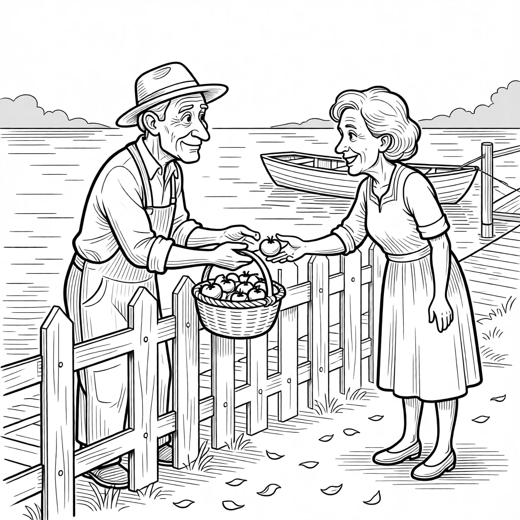An elderly gardener sharing tomatoes over the fence with a neighbor, passing tomatoes over a fence with a friendly nod, set on a quiet riverside dock at dawn. Rose petals drift gently onto the garden path. It captures the quiet joy of passing traditions down.