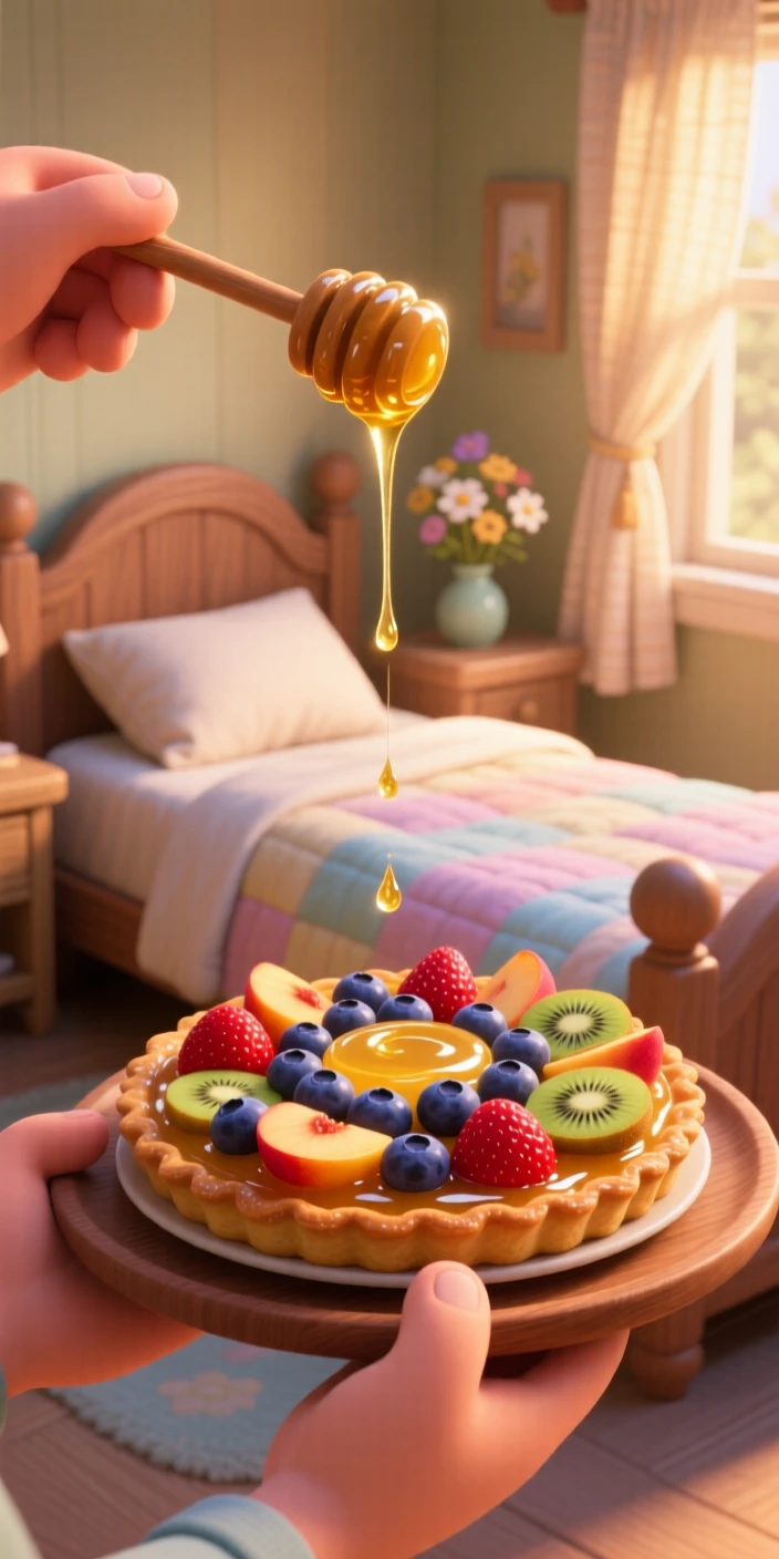 A fresh fruit tart with glossy glaze sits on a tray carried to a cozy bedroom, with honey drizzling slowly over the top. A comforting, homey feeling fills the moment.