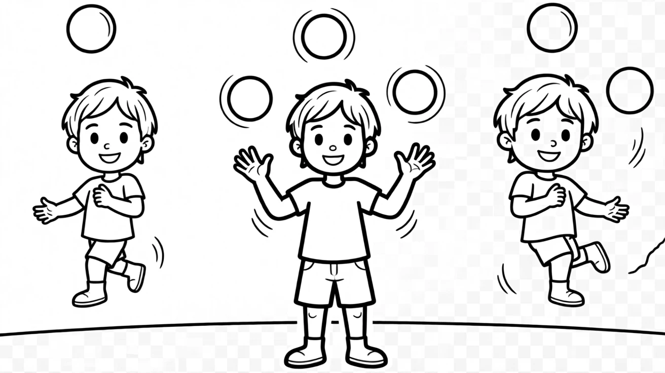 A child learning to juggle with three colorful balls