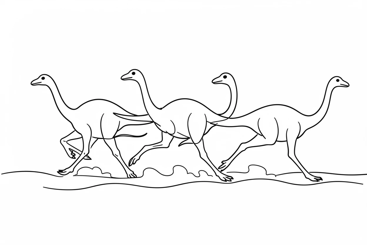 A group of Gallimimus sprinting together across a dusty plain