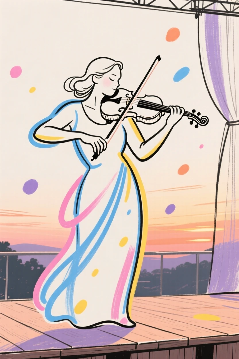 A violinist performing passionately on an outdoor stage at dusk.