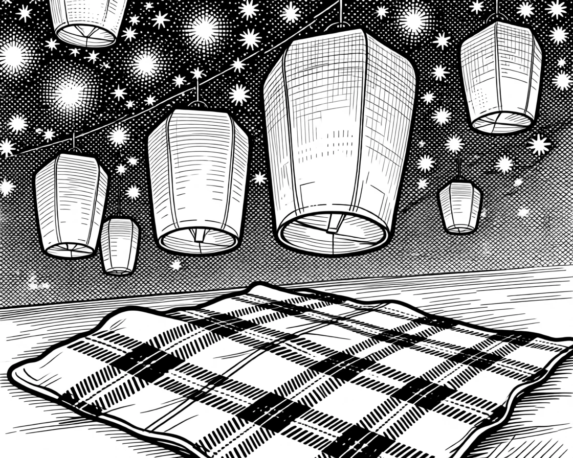 A lantern festival lighting up a night sky beneath a sky full of summer stars, with a plaid blanket spread nearby, capturing a full of holiday spirit seasonal moment.