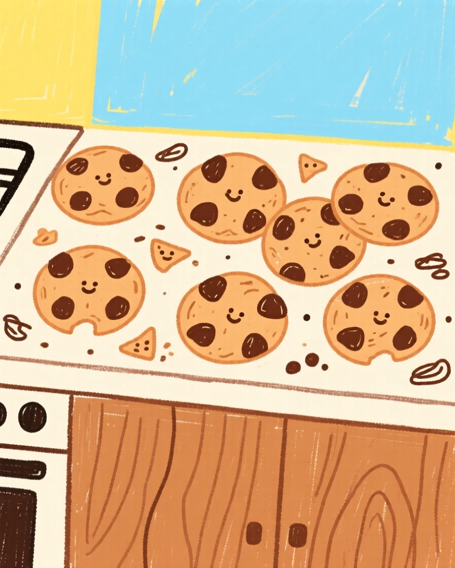 A kitchen counter covered with freshly baked chocolate chip cookies.
