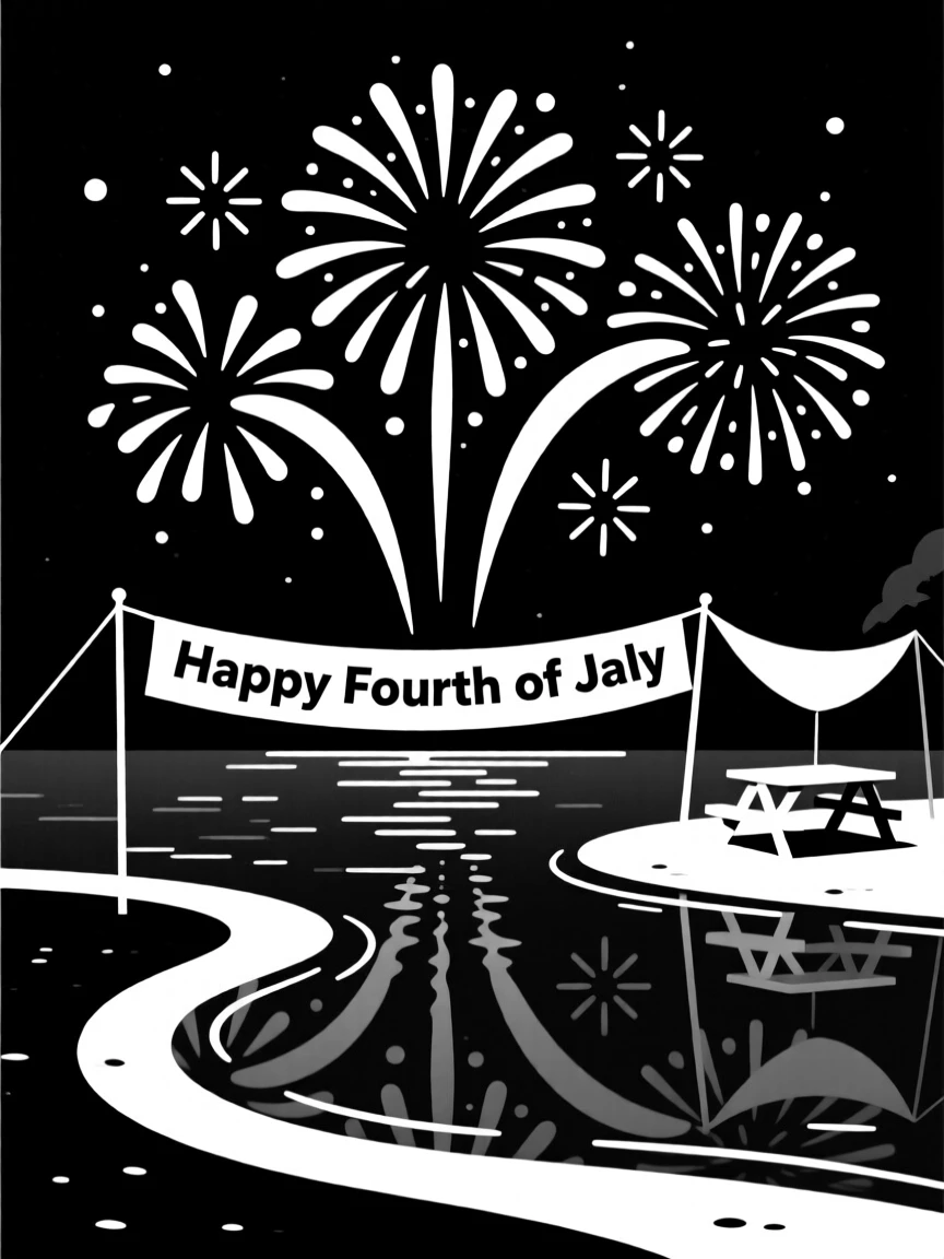 A Fourth of July fireworks display over a lake.