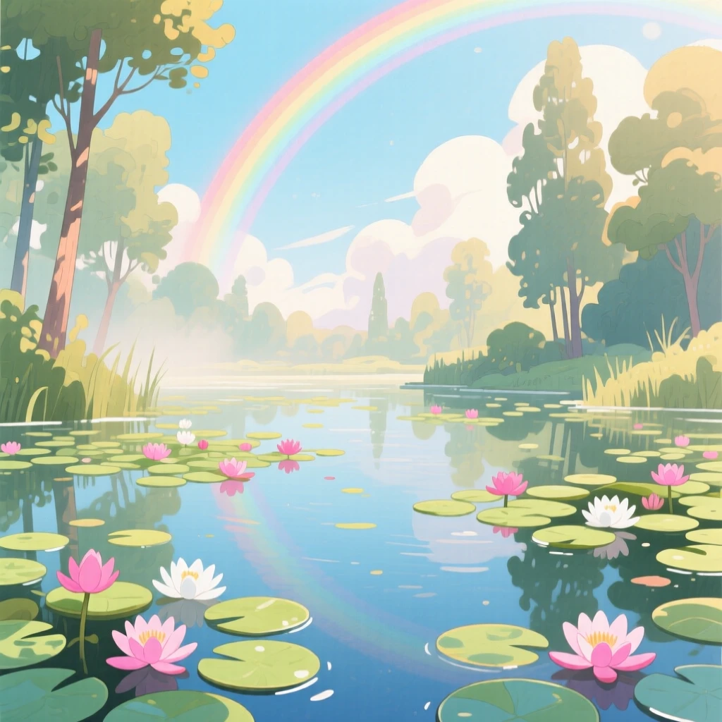 A quiet pond covered in blooming lily pads, with a rainbow arching softly overhead, evoking peaceful serenity and awe.