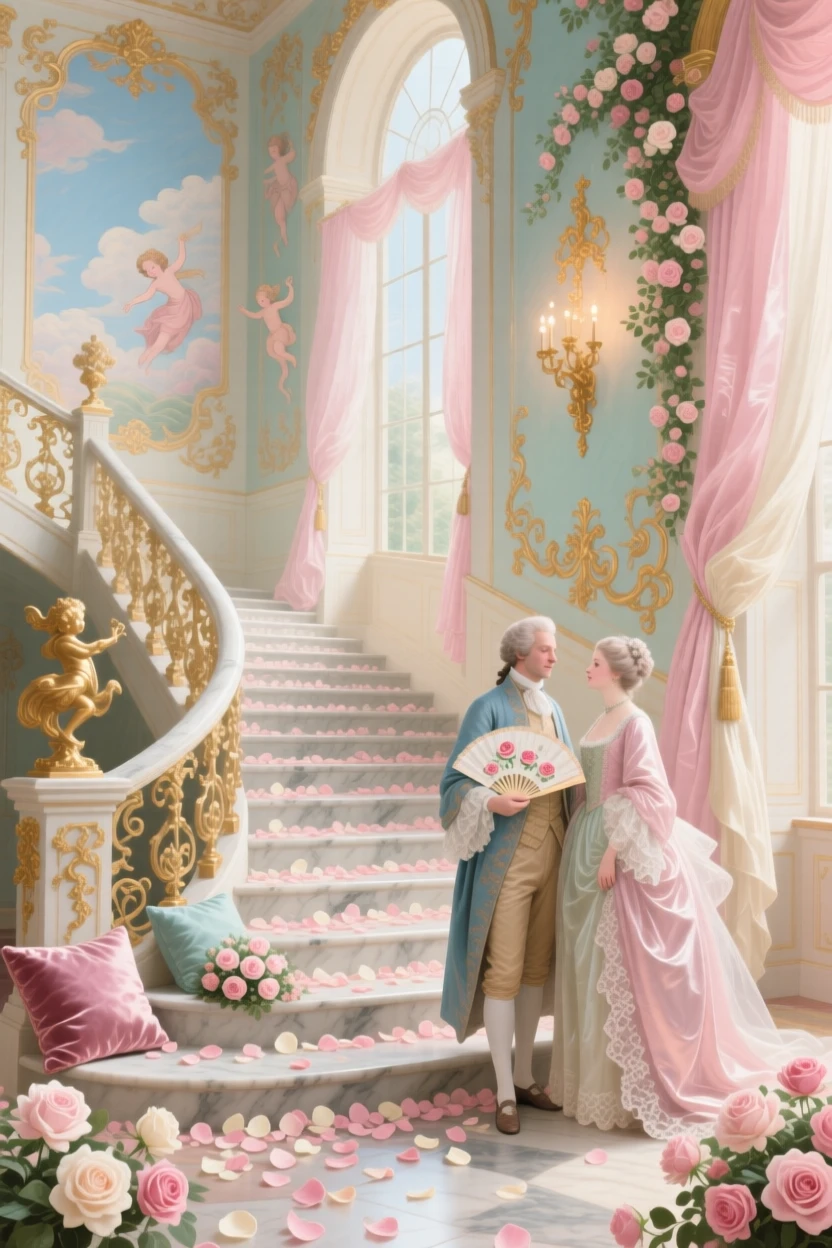 A grand palace staircase covered in rose petals after a wedding  