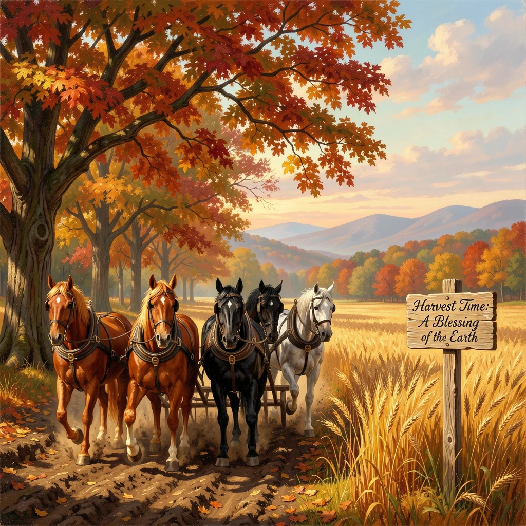 A team of horses plows a field beside a golden field at harvest time beneath a canopy of autumn leaves.