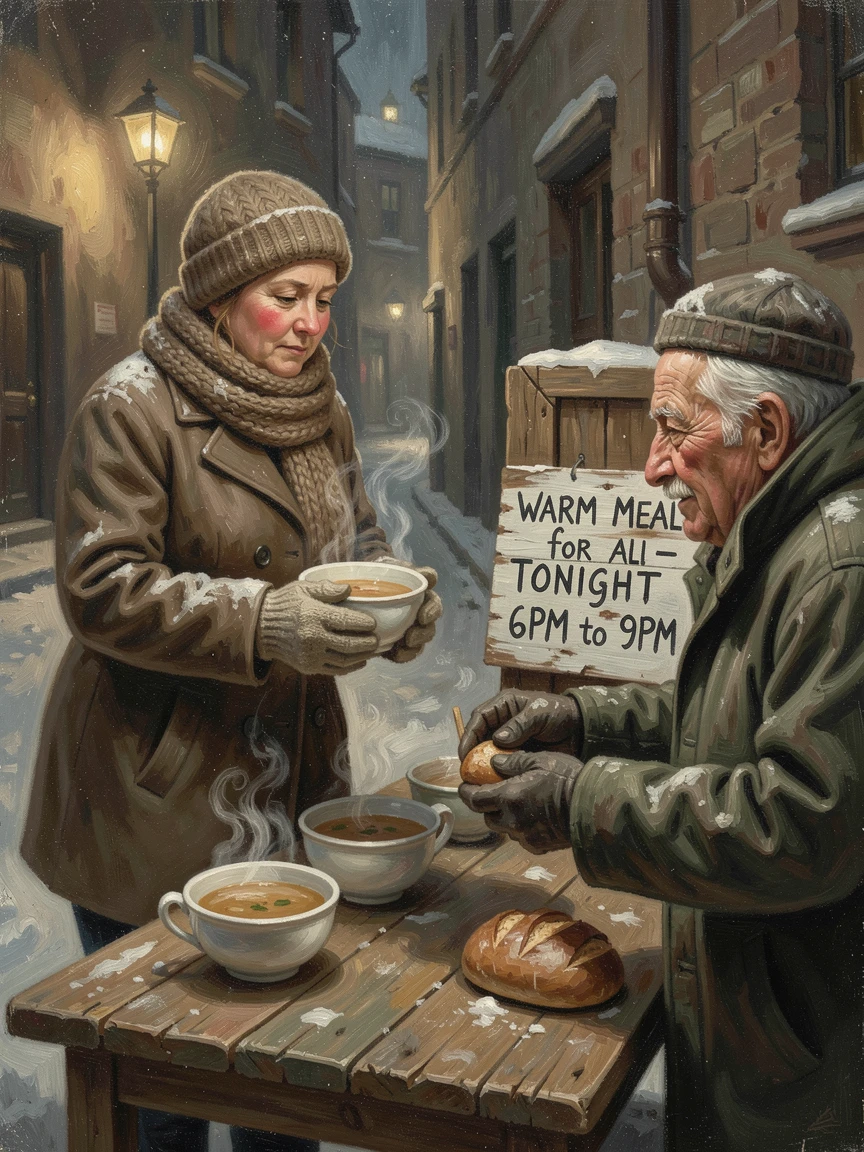 A volunteer serving warm meals to those in need on a cold winter night, with hands clasped tightly, conveying connection and support, radiating hope, gratitude, and heartfelt connection