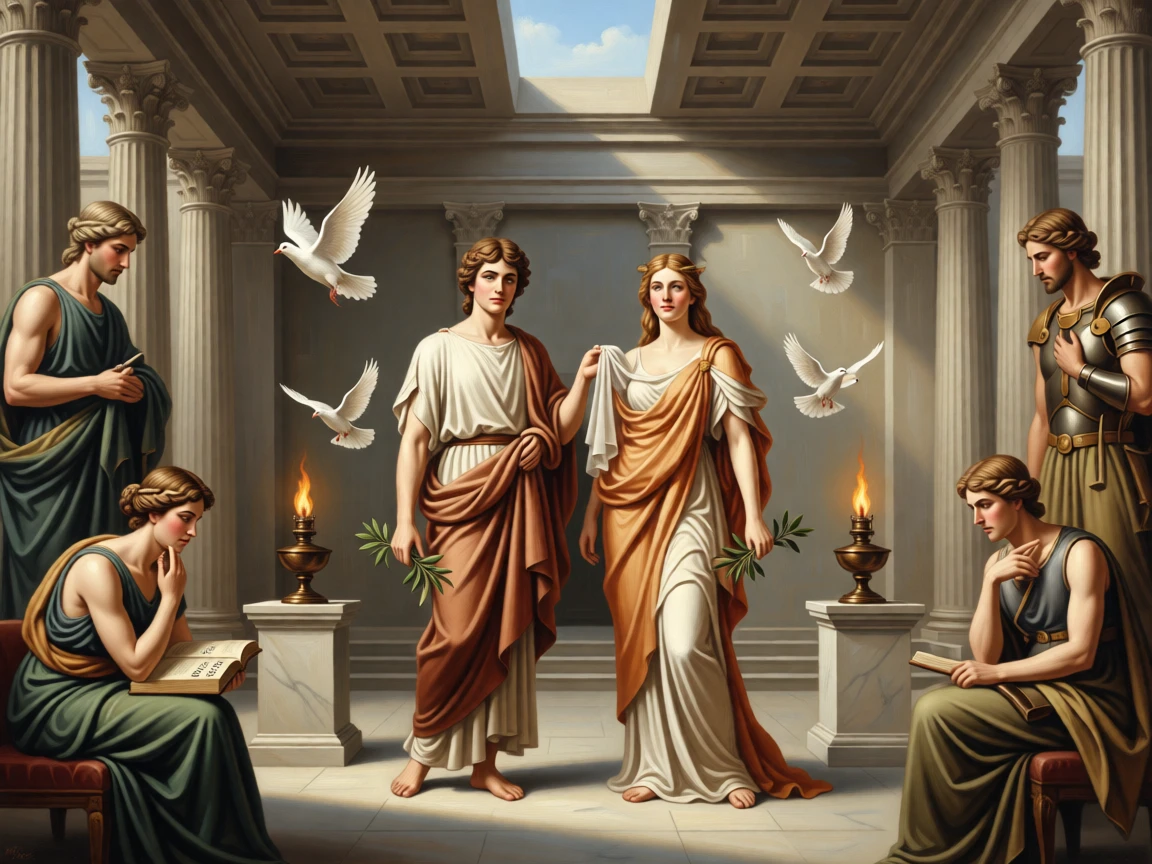 A triumphant figure of Science lifting a veil from the face of Nature at the threshold between the mortal and the eternal, set within a classical temple open to the heavens, with doves, olive branches, or flames rendered as carriers of deeper meaning; supporting figures orbit the central allegory like planets around a sun, radiating timeless wisdom and moral clarity.