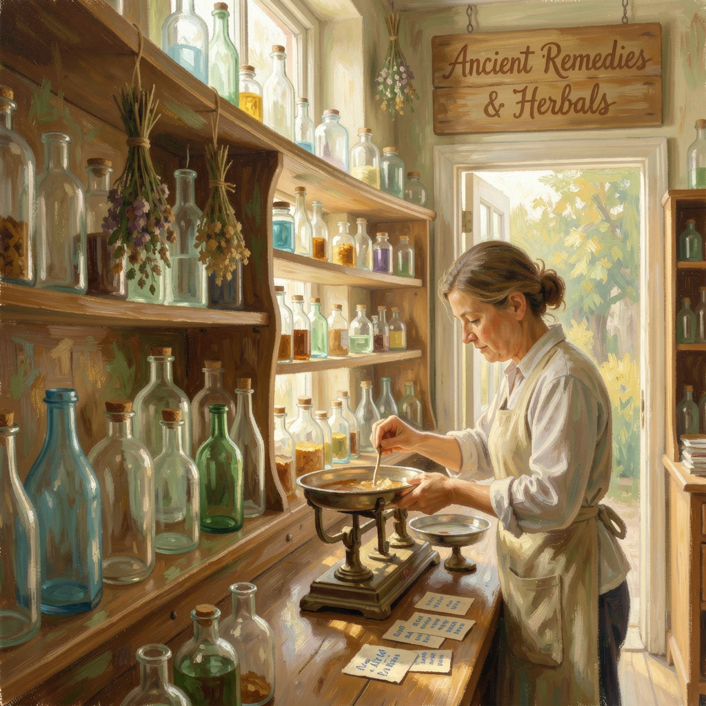 An old apothecary shop filled with glass bottles, dried herbs, and a shopkeeper weighing remedies, filled with warmth and nostalgia.