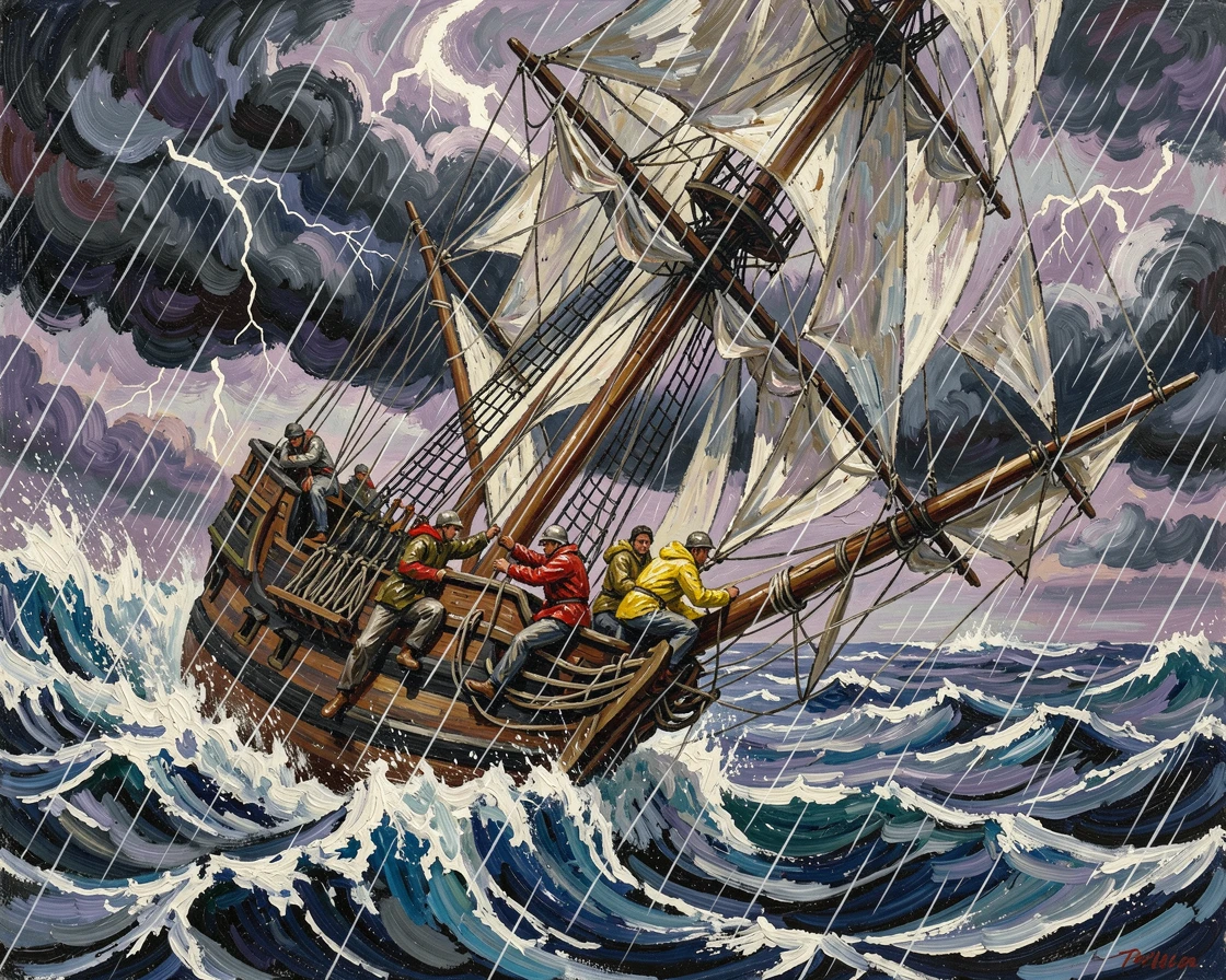 A tall sailing ship battling stormy seas, sailors scrambling across rain-soaked rigging.