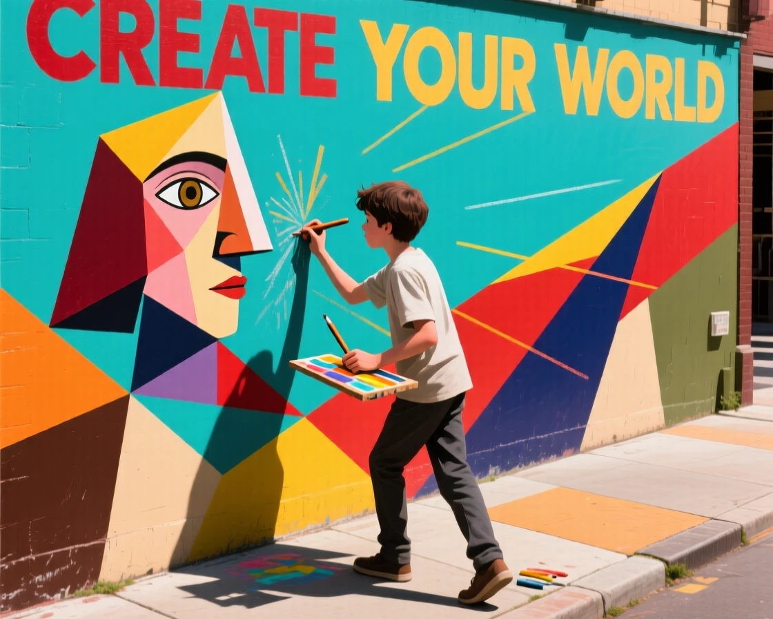 A young artist chalk-drawing a colorful mural on a sunny sidewalk.