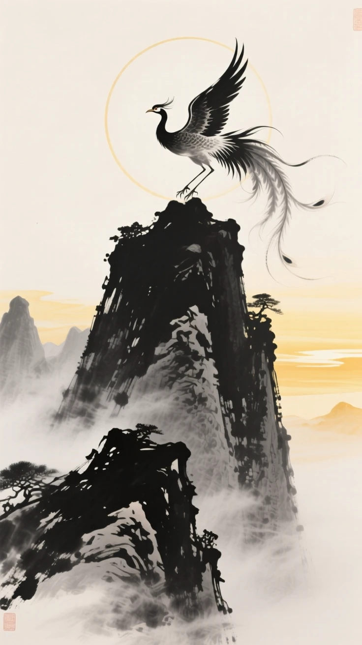 A phoenix circles above a sacred mountain peak wreathed in mist, as golden light spreads across the horizon.