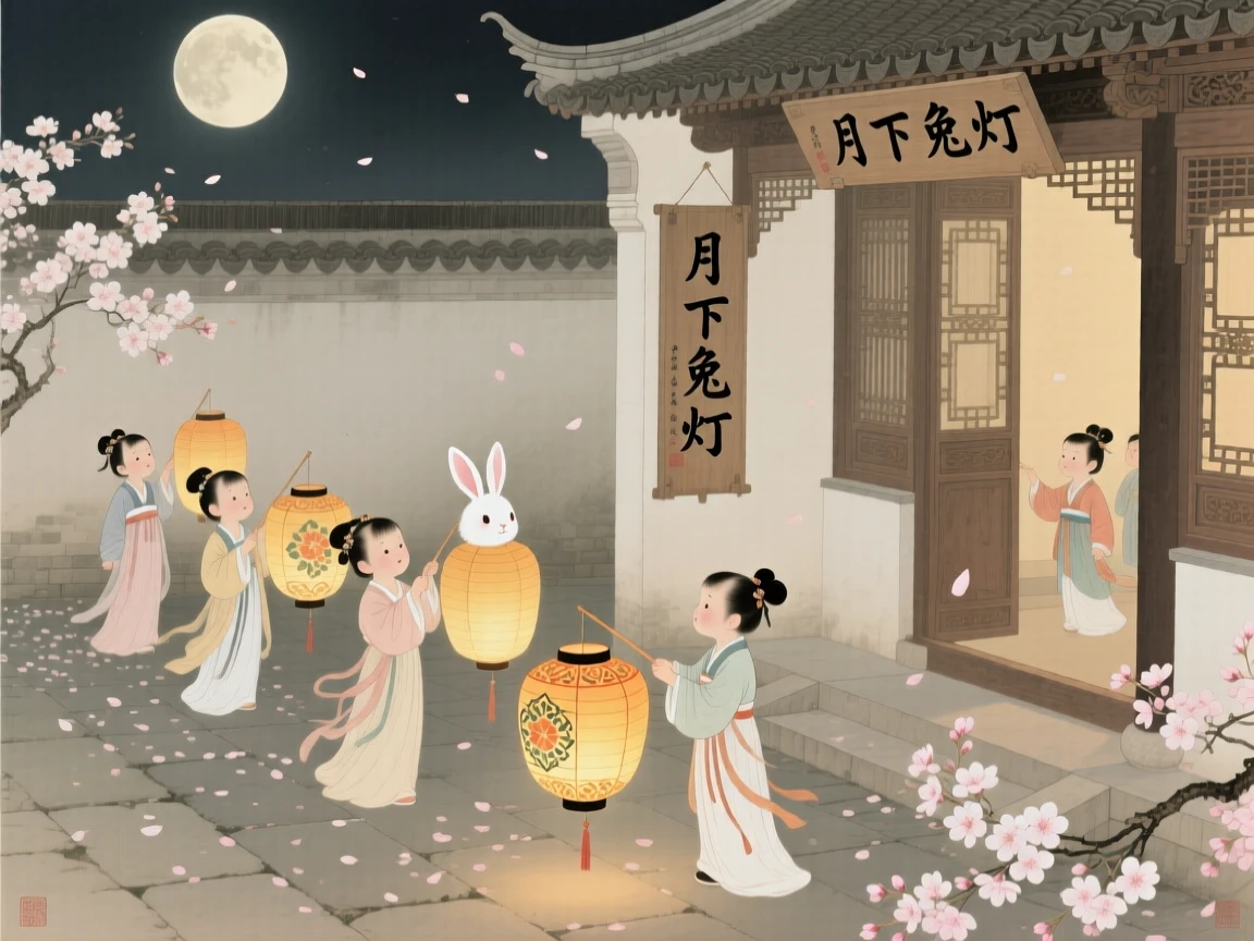 Children carrying rabbit-shaped lanterns through a moonlit courtyard, surrounded by falling flower petals