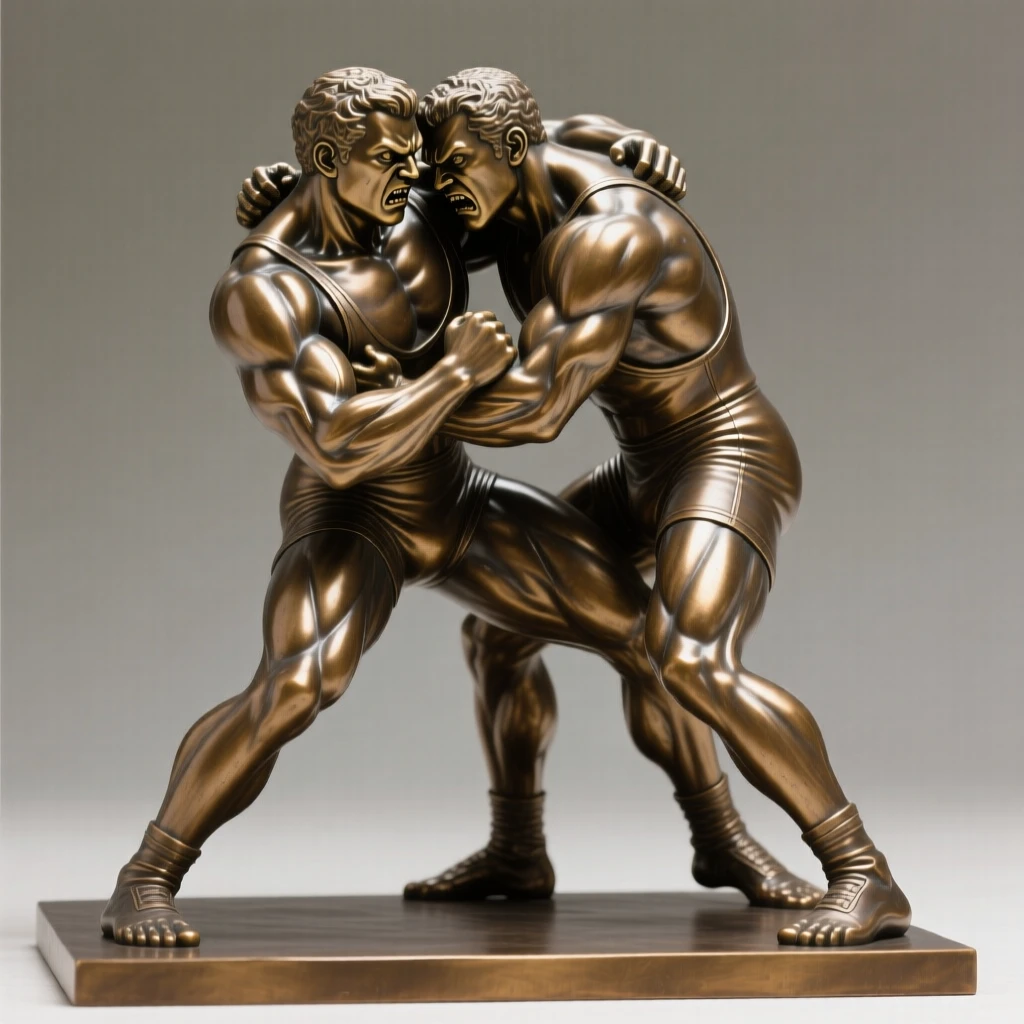 A wrestler locked in a decisive grapple, with fine, expressive facial detail, forming a strong central focal point