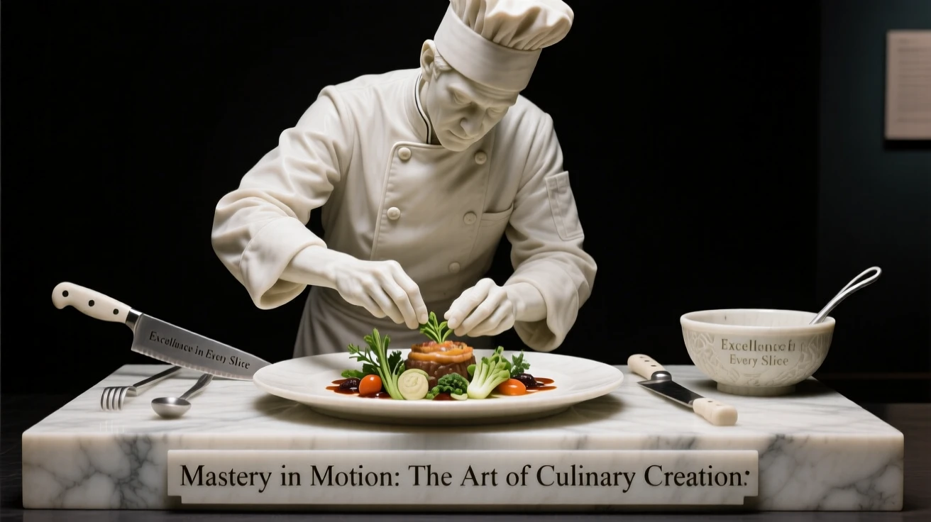 A vivid, emotionally rich scene of a chef plating a beautifully arranged dish, captured with cinematic depth and detail, designed to captivate and inspire