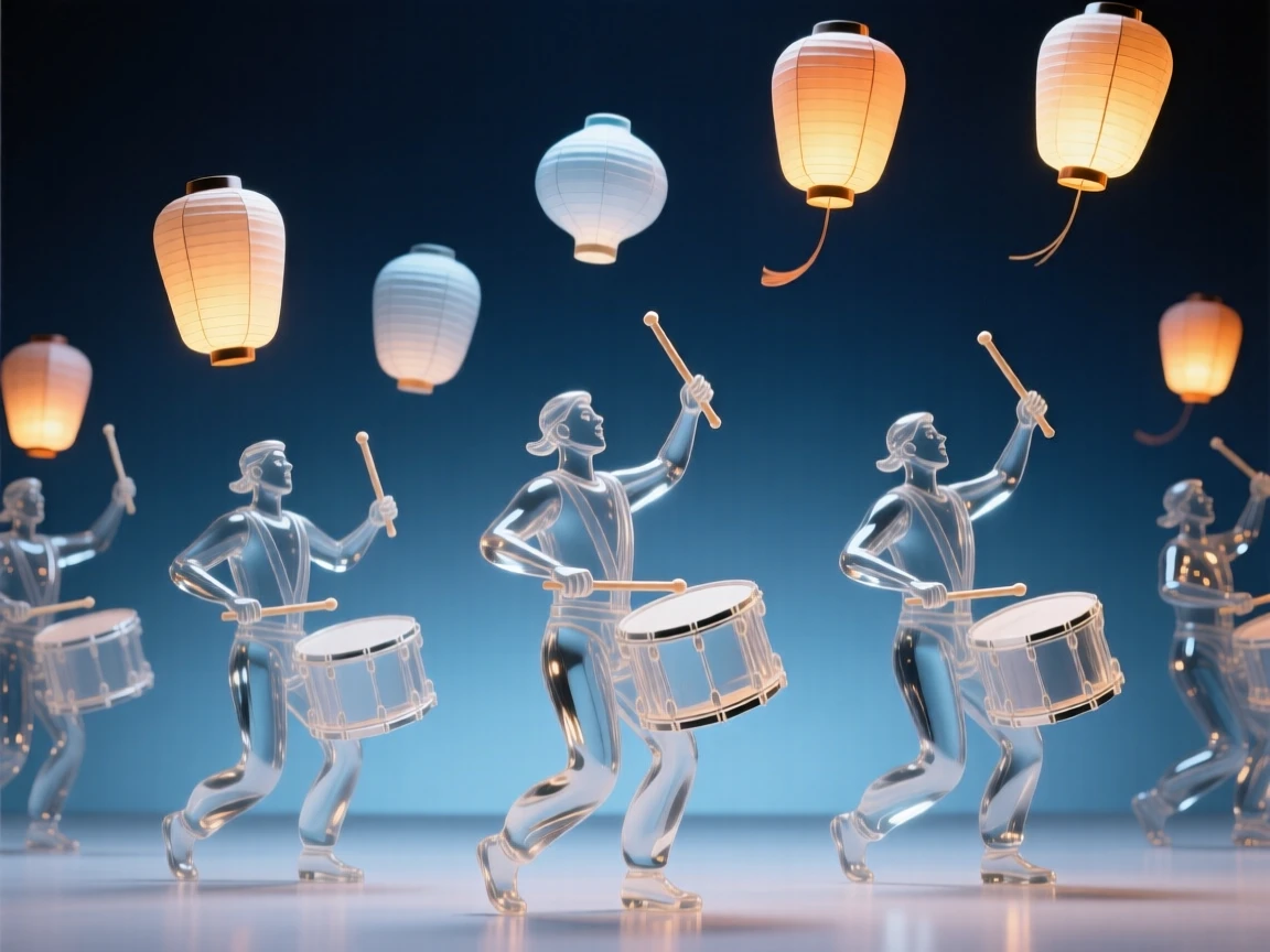 Drummers leading a vibrant parade through a bustling avenue beneath a sky lit by hundreds of floating lanterns, while lanterns rise slowly into the night sky