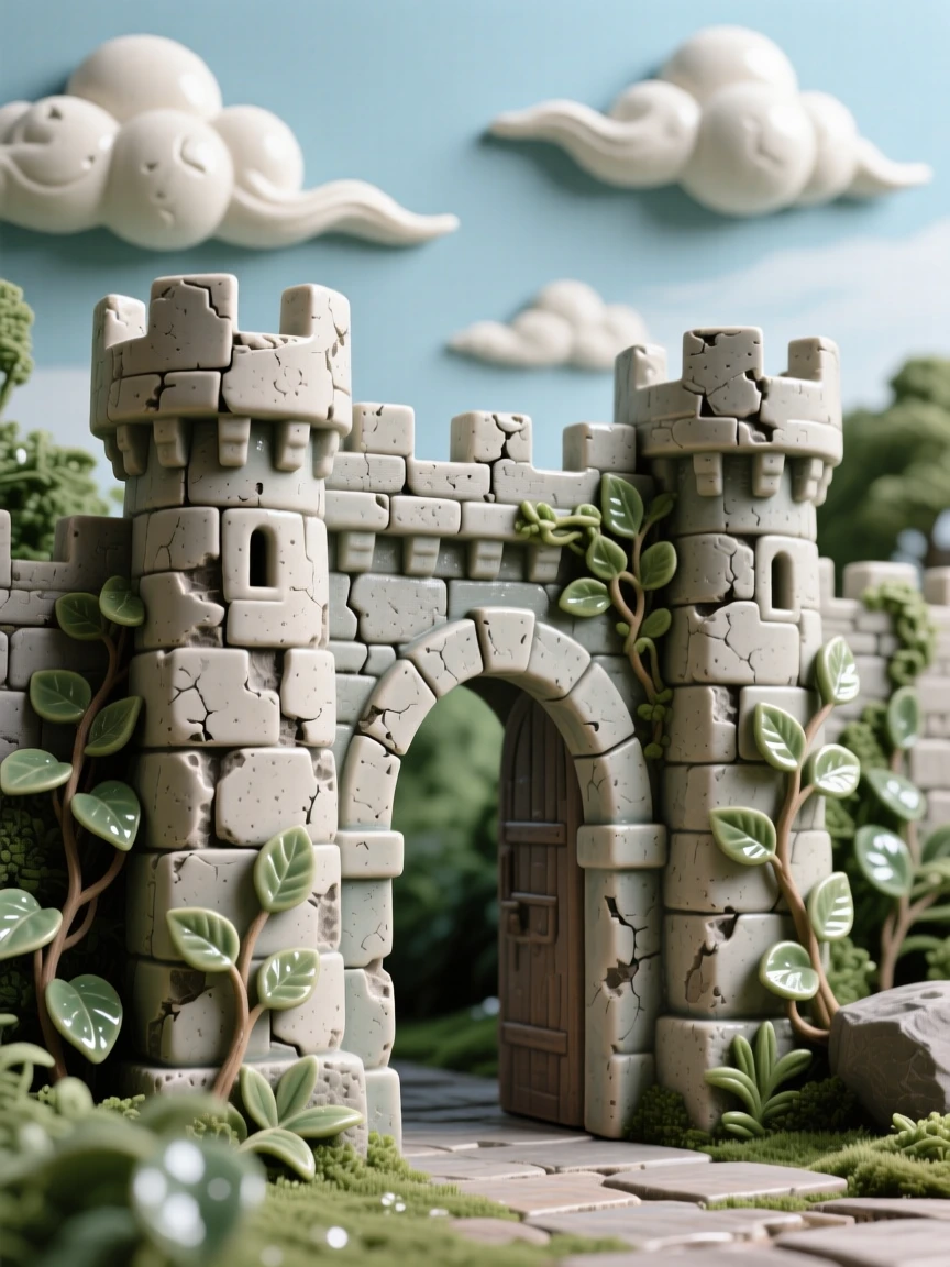 A medieval city gate with weathered stone arches nestled peacefully amid lush greenery, framed by drifting clouds overhead, conveying serenity and architectural majesty.