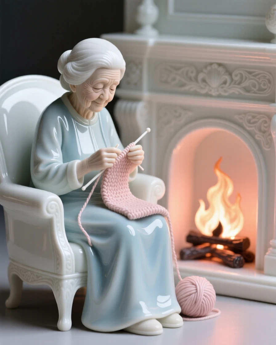 An everyday moment of quiet beauty: a grandmother knitting by a warm fire, quiet, warm, and full of gentle charm.