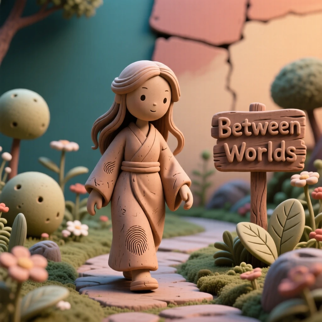 Izanami walking through a garden between two worlds