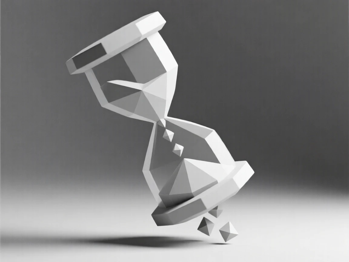 An hourglass with sand mid-fall, surrounded by soft shadows. fine textures and material details are clearly visible. There is a calm, contemplative stillness.