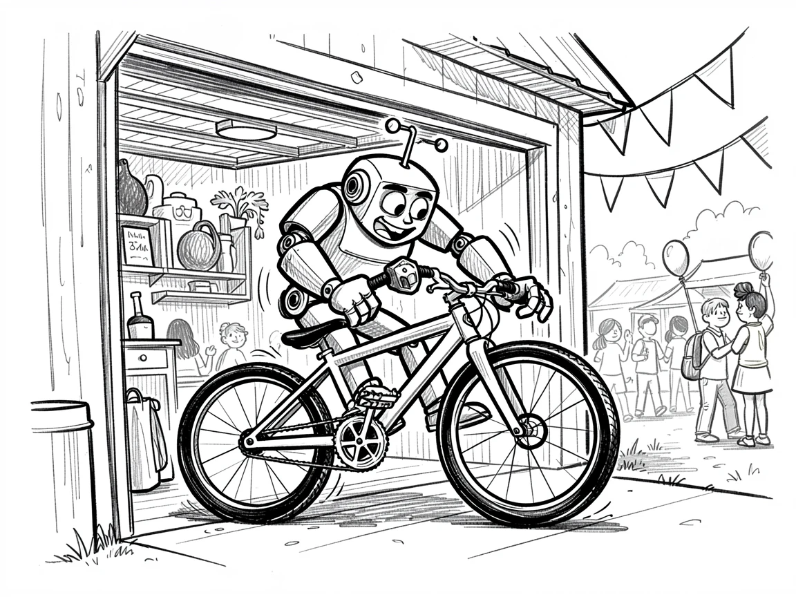 A robot repairing a bicycle in a garage in a park during a community festival.