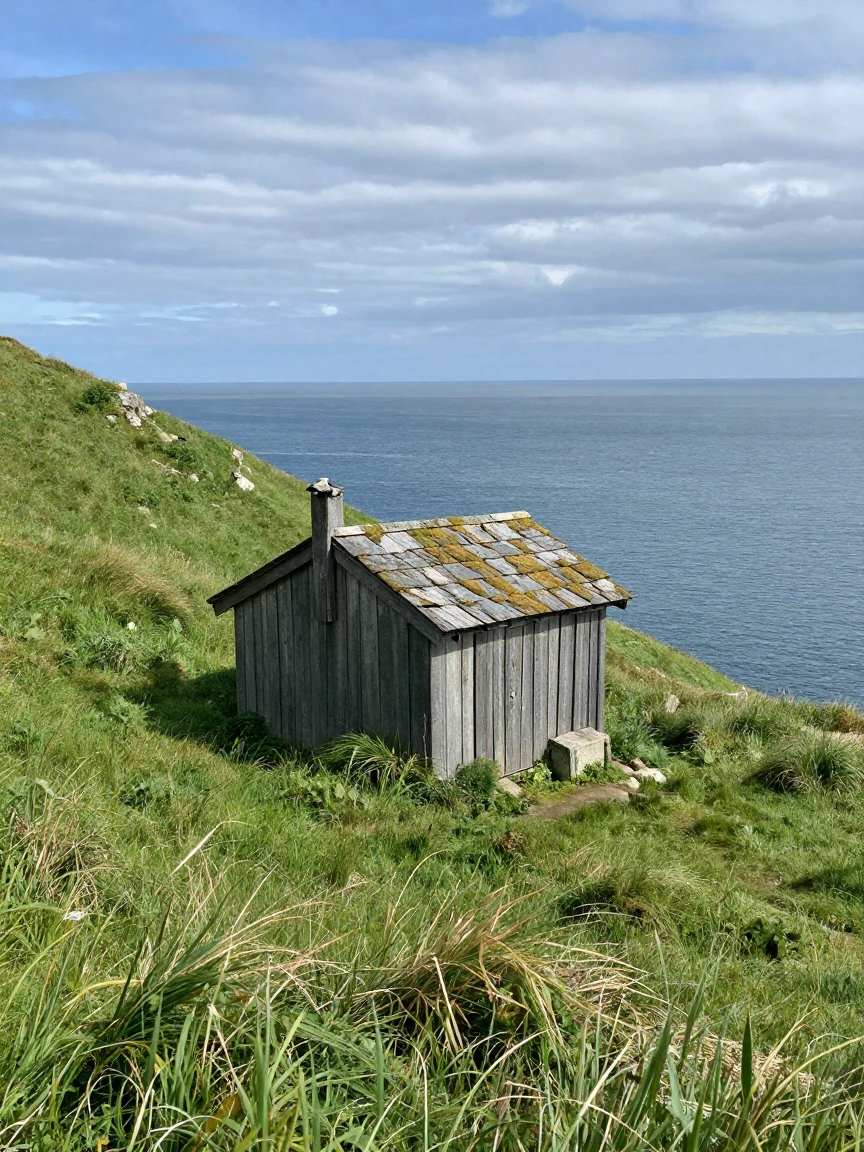 A lone shepherd's hut sits perched on a green cliffside overlooking the sea.