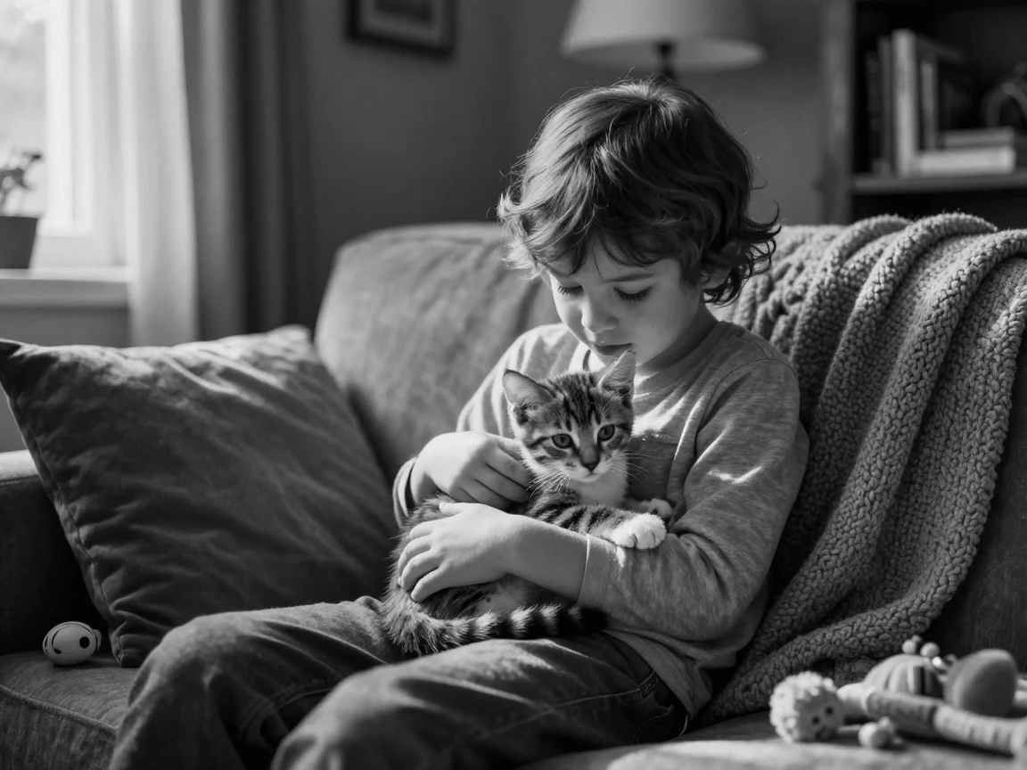 A curious kitten curls up in a child's lap in a cozy living room.