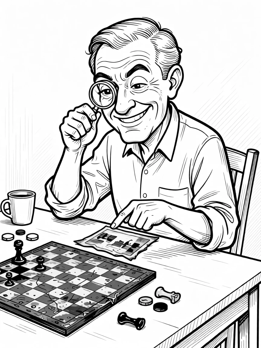 A grandfather clock repairman squinting through a loupe, pointing at a faded photo with a nostalgic smile, set at a kitchen table set for an evening game. A worn checkerboard shows decades of use. The image honors a lifetime of stories worth telling.