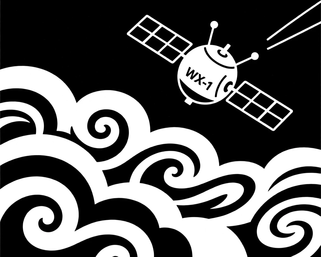 A weather satellite orbiting above swirling storm clouds.