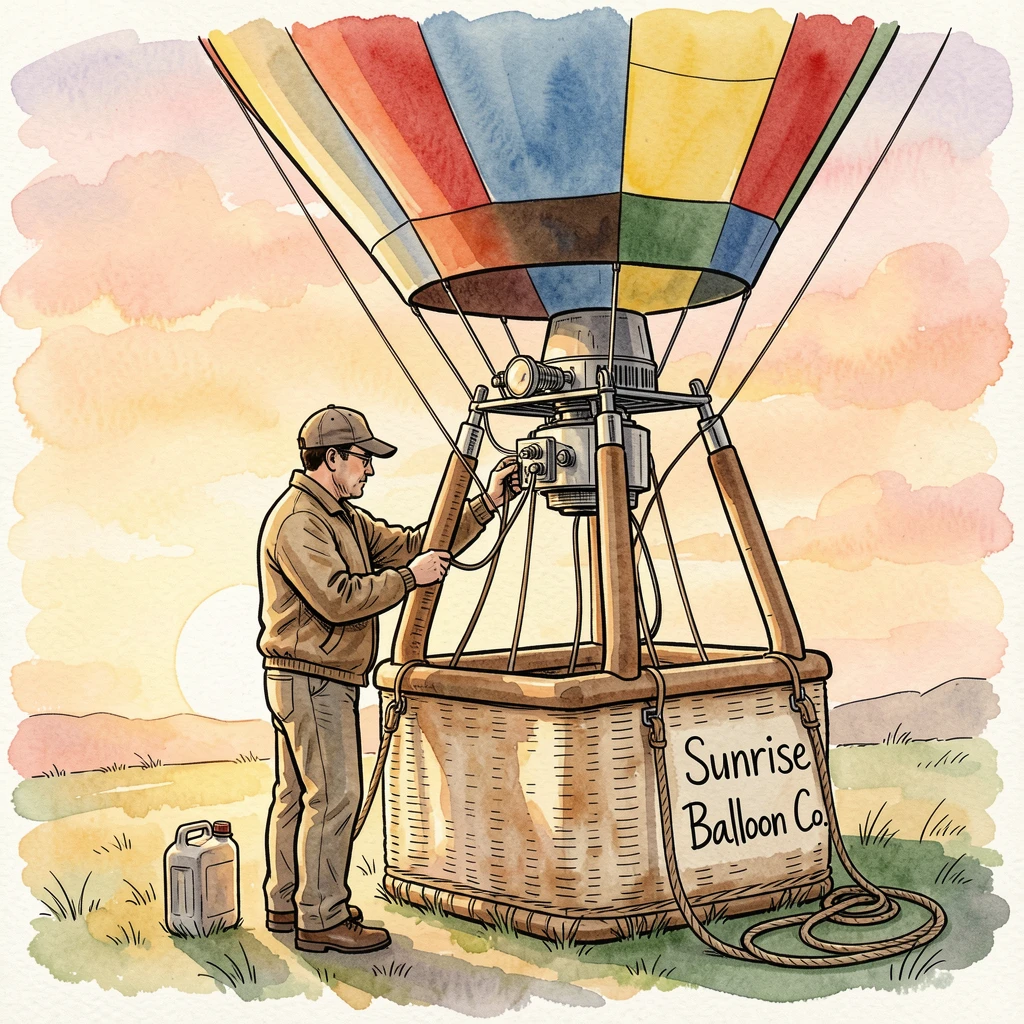 A hot air balloon pilot preparing for takeoff at sunrise, warm natural light illuminating the workspace.