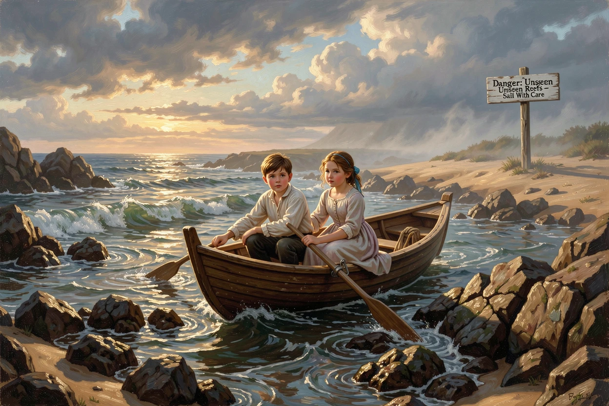A pair of children sails toward a reef exposed at low tide as the tide rolls in.